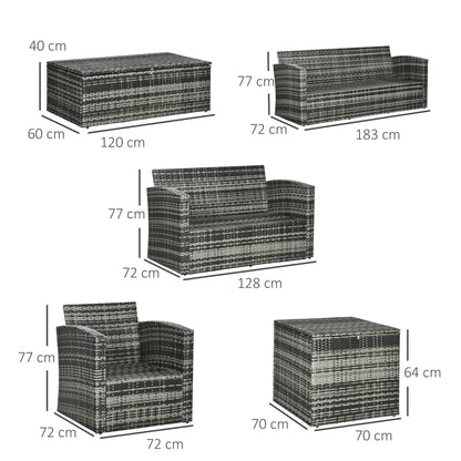 Outsunny 6 Pieces Rattan Garden Furniture Set Wicker Outdoor Sofa Sectional Patio Conversation Furniture Set w/ Storage Table and Cushions, Grey