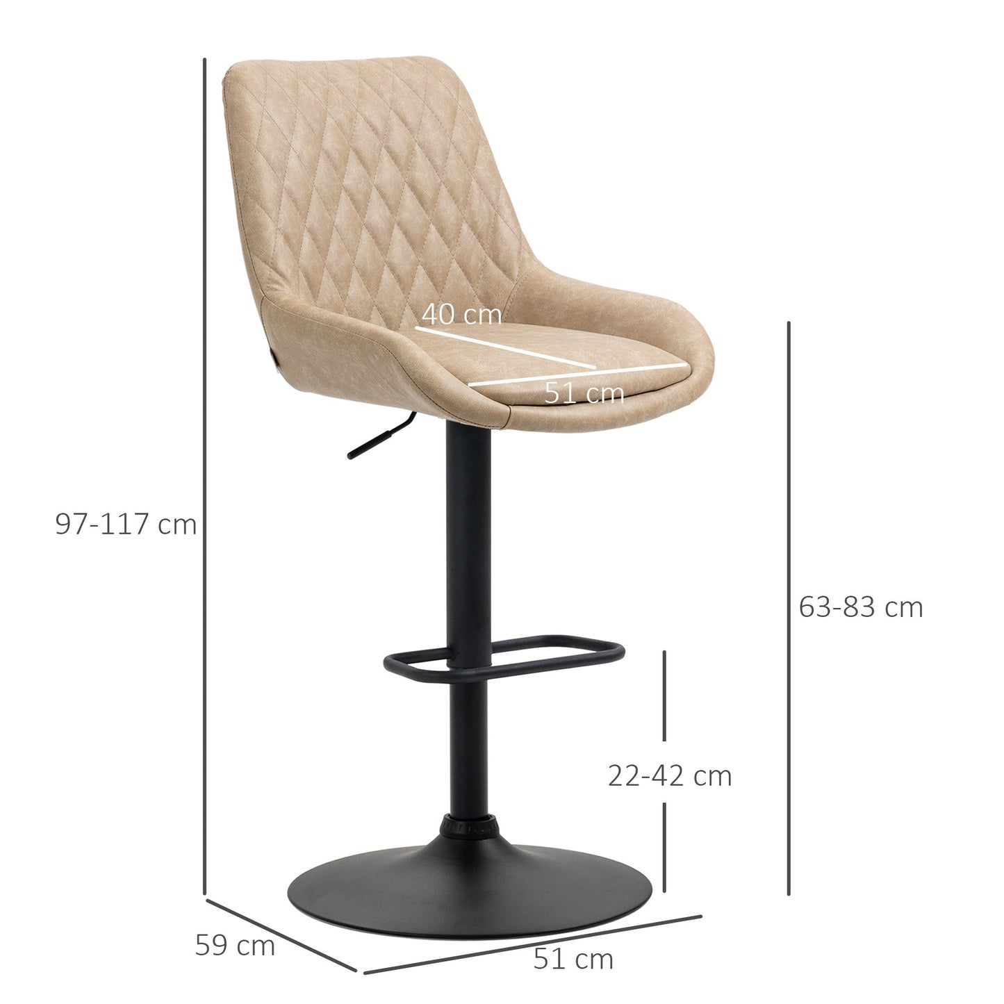 HOMCOM Retro Bar Stools Set of 2, Adjustable Kitchen Stool, Upholstered Bar Chairs with Back, Swivel Seat, Light Khaki