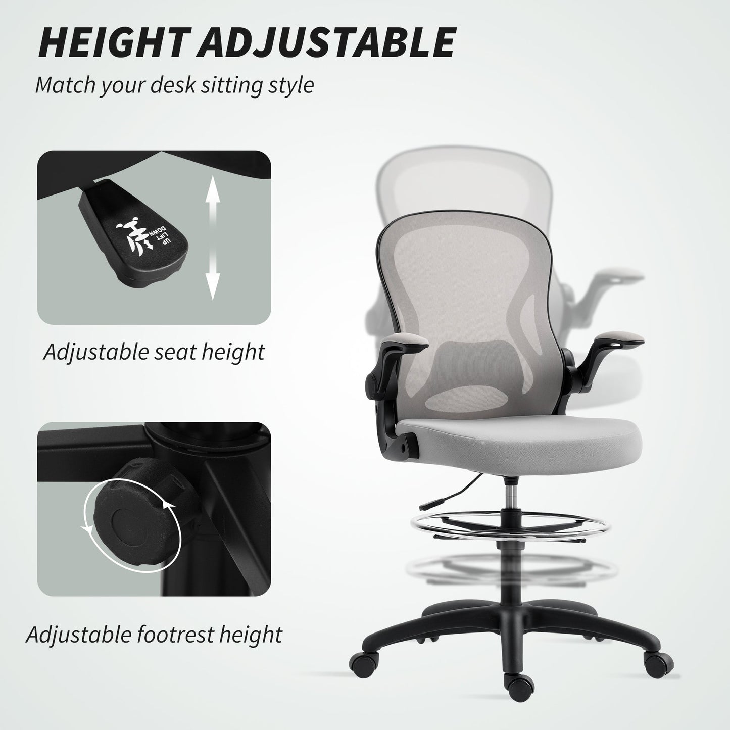 Vinsetto Adjustable Mesh Standing Desk Chair with Flip-up Armrests Lumbar Support Armrests Adjustable Footrest Ring Grey