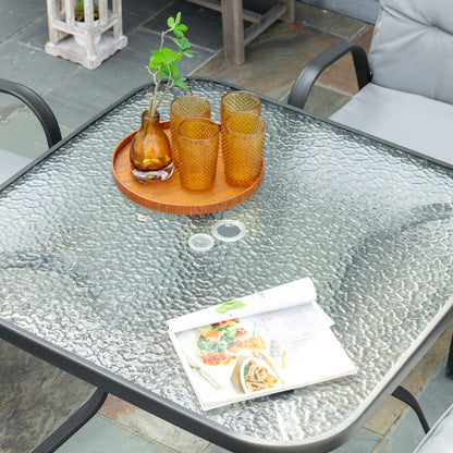 Outsunny 5 Pieces Outdoor Square Garden Dining Set w/ Tempered Glass Dining Table 4 Cushioned Armchairs, Umbrella Hole, Grey