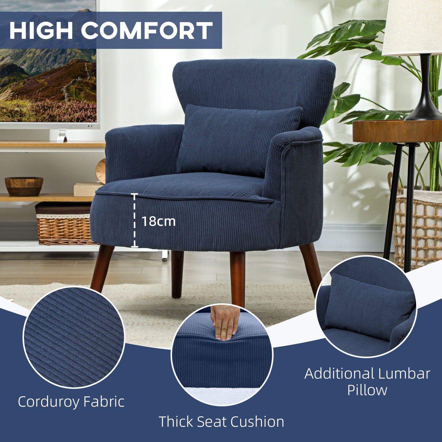 HOMCOM Corduroy Retro Accent Chair - Niebieski