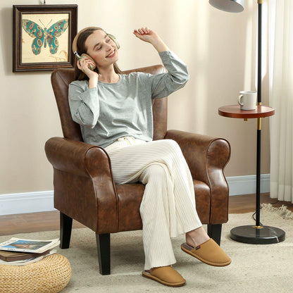 HOMCOM Upholstered Accent Chair with Rolled Arms and Wood Legs, Armchair for Living Room Bedroom, Brown