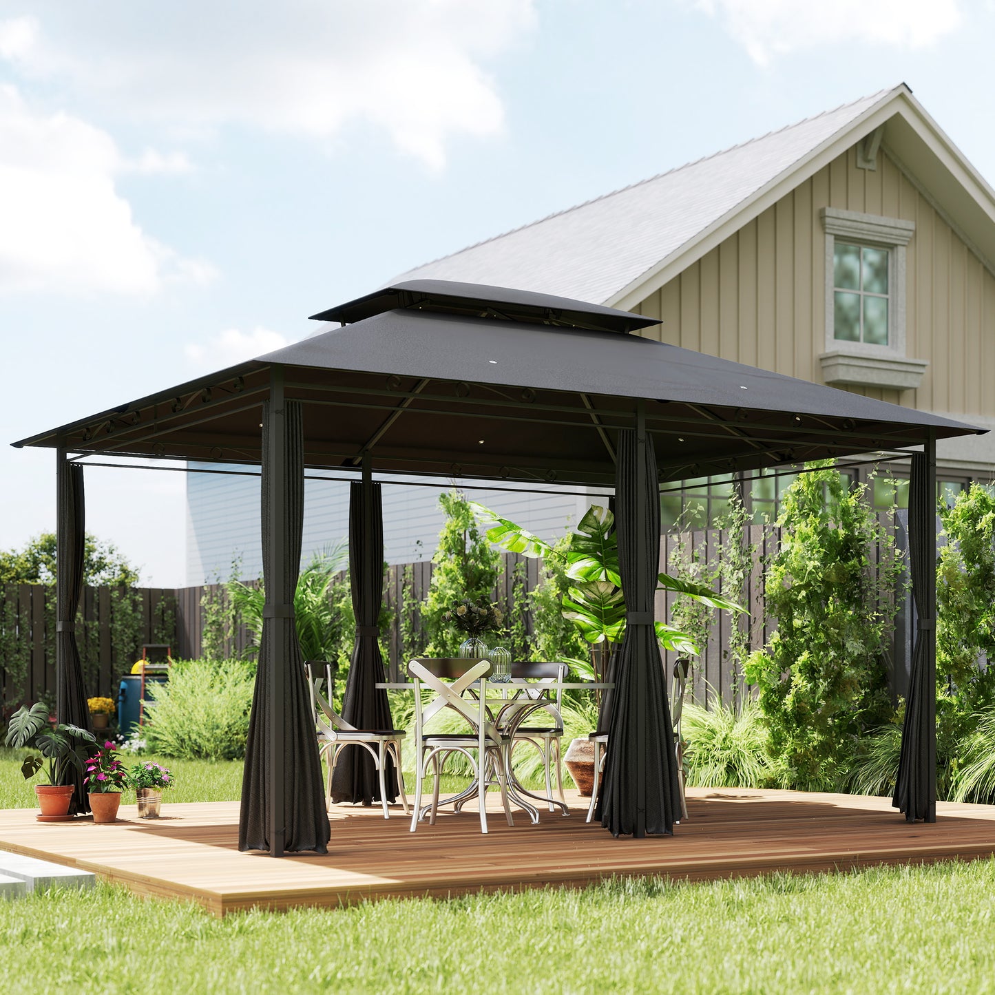Altana stalowa Outsunny 3 x 4m z zasłonami - czarna