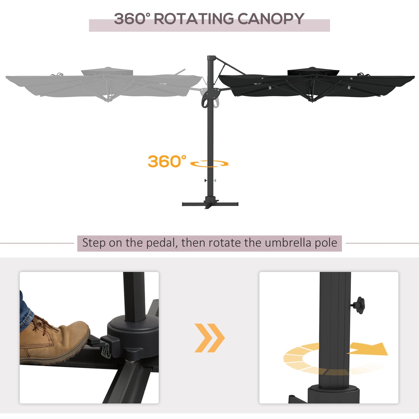 Outsunny Garden Parasol, 3(m) Cantilever Parasol with Hydraulic Mechanism, Dual Vented Top, 8 Ribs, Cross Base, Grey