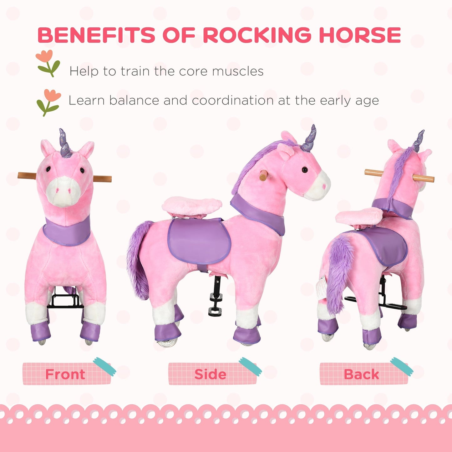 Ride On Unicorn Walking Horse Toy with Wheels Mechanical Rocking Pony Gift for 3-6 Years Girls Boys Pink