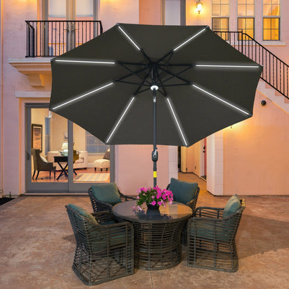 2.7m Garden Parasol Sun Umbrella Patio Summer Shelter w/ LED Solar Light, Angled Canopy Vent, Crank Tilt, Grey