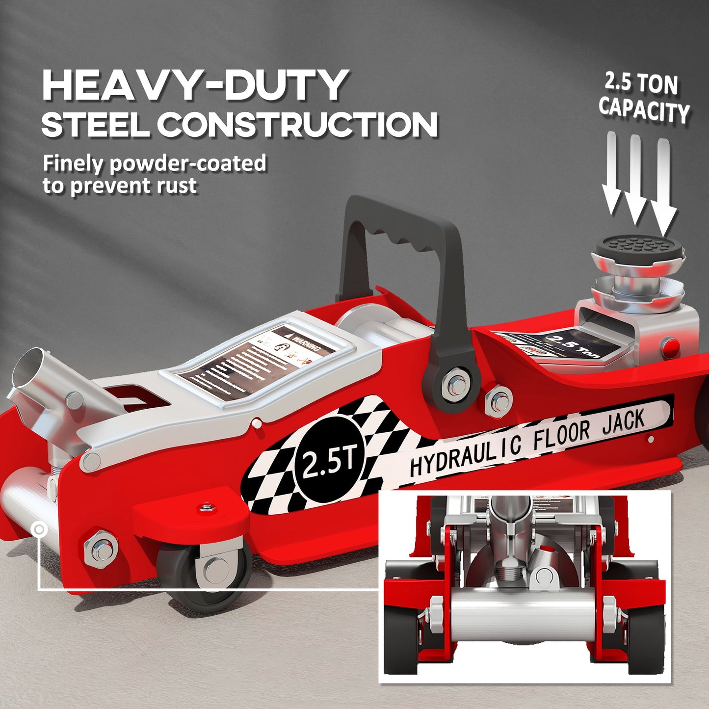 Podnośnik samochodowy hydrauliczny HOMCOM o niskim profilu, udźwig 2,5 tony, stalowy, o dużej wytrzymałości, z zakresem podnoszenia 80–360 mm, koła, uchwyt górny, kolor czerwony