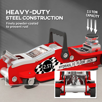Podnośnik samochodowy hydrauliczny HOMCOM o niskim profilu, udźwig 2,5 tony, stalowy, o dużej wytrzymałości, z zakresem podnoszenia 80–360 mm, koła, uchwyt górny, kolor czerwony