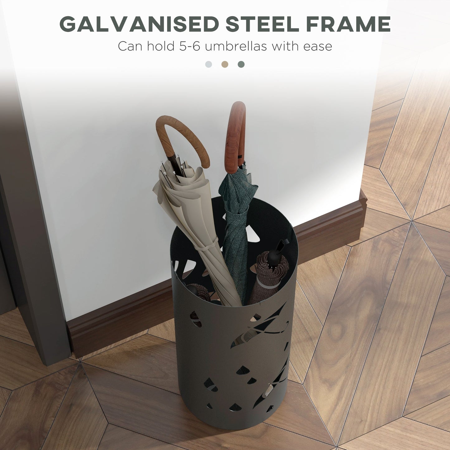 HOMCOM Freestanding Umbrella Stand for Hallway, Round Umbrella Basket with 4 Hooks and Drip Tray for Entryway, Dark Grey