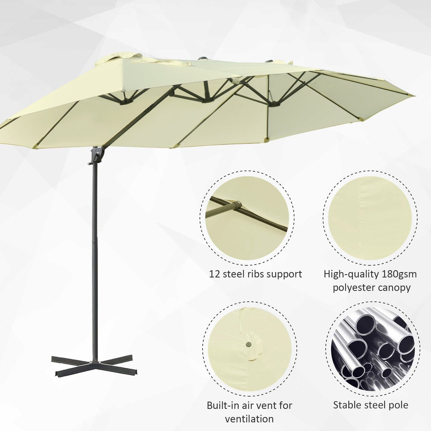 Outsunny Double Canopy Offset Parasol Umbrella Garden Shade w/ Steel Pole 12 Ribs Beige