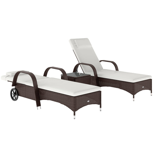 Outsunny 3 Pieces PE Rattan Patio Lounge Chair Set, Outdoor Recliner Lounge Chairs with Wheels, for Outside with Cushions, Headrest, Coffee Table for Garden, Poolside, Brown
