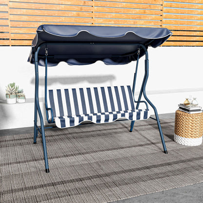 Outsunny 3 Seater Canopy Swing Chair Outdoor Garden Bench with Adjustable Canopy and Metal Frame - Blue Stripes