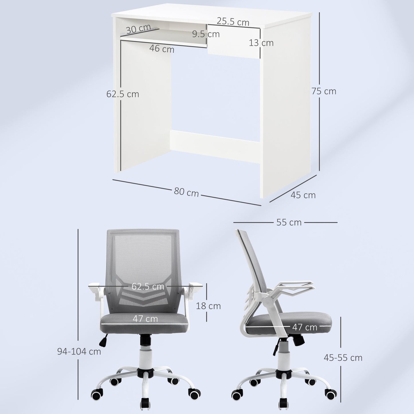 Vinsetto Home Office Chair and Computer Desk Set, Mesh Chair with with 90 Flip-up Armrest, Study Desk with Keyboard Tray and Drawer, White and Grey