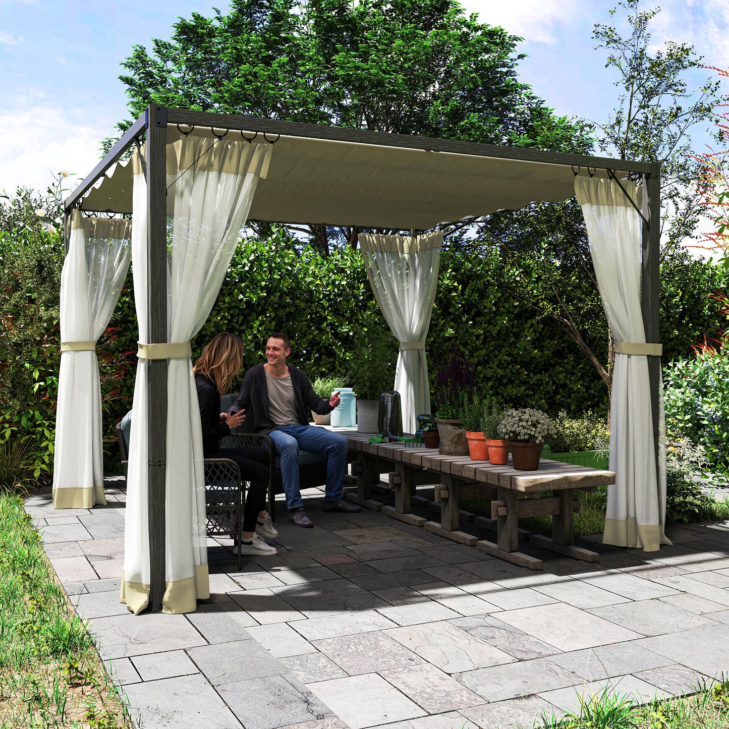 Pergola aluminiowa Outsunny 3 x 3 m z rozsuwanym dachem w kolorze khaki