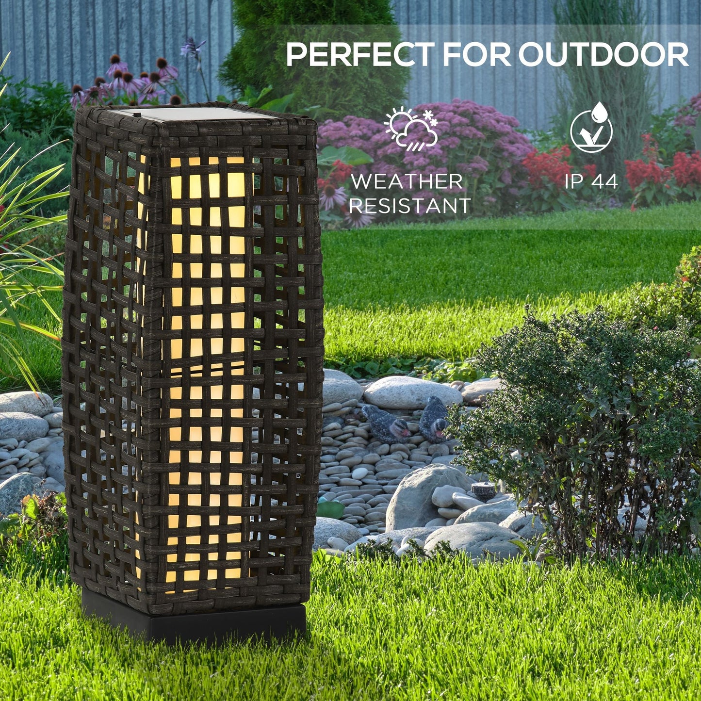 Outsunny Outdoor Rattan Solar Lantern, Brushed PE Wicker Patio Garden Lantern wtih Auto On/Off Solar Powered LED Lights for Indoor & Outdoor Use, Porch, Yard, Lawn, Courtyard, Grey