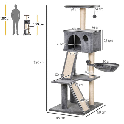 PawHut 130cm Cat Tree for Indoor Cats Activity Center with Condo Scratching Post Ladders Kitty Climbing Tower Relaxing Playing