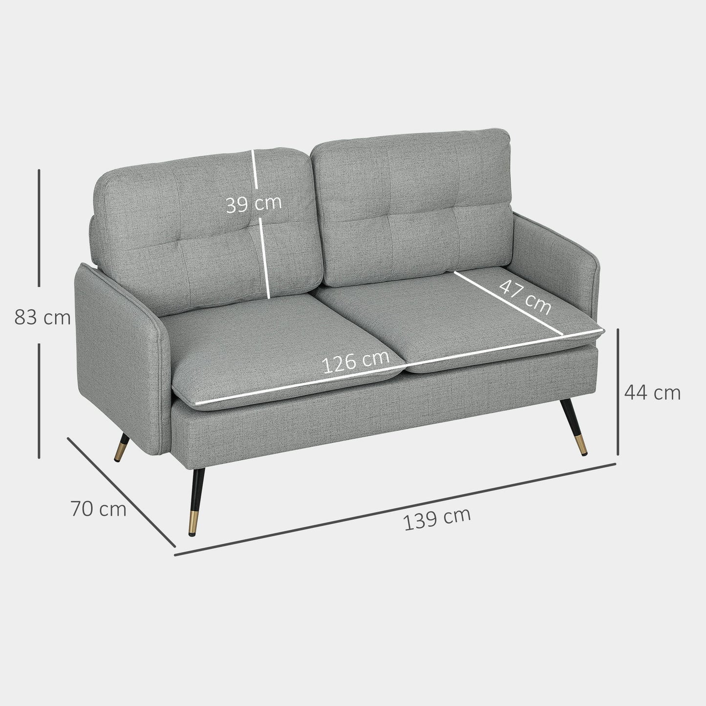 HOMCOM Modern Two Seater Sofa, Button Tufted Loveseat with Cushions and Steel Legs for Living Room, Guest Room, Grey