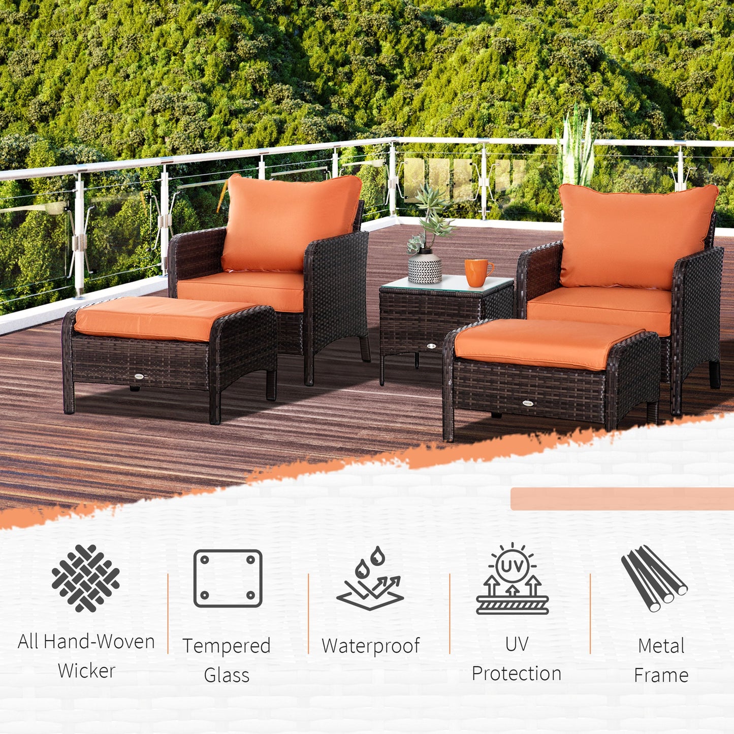 Outsunny 5 Pieces PE Rattan Garden Furniture Set with 10cm Thick Padded Cushions, Wicker Weave Outdoor Seating Chairs with 2 Armchairs, 2 Stools, Glass Top Table, Brown