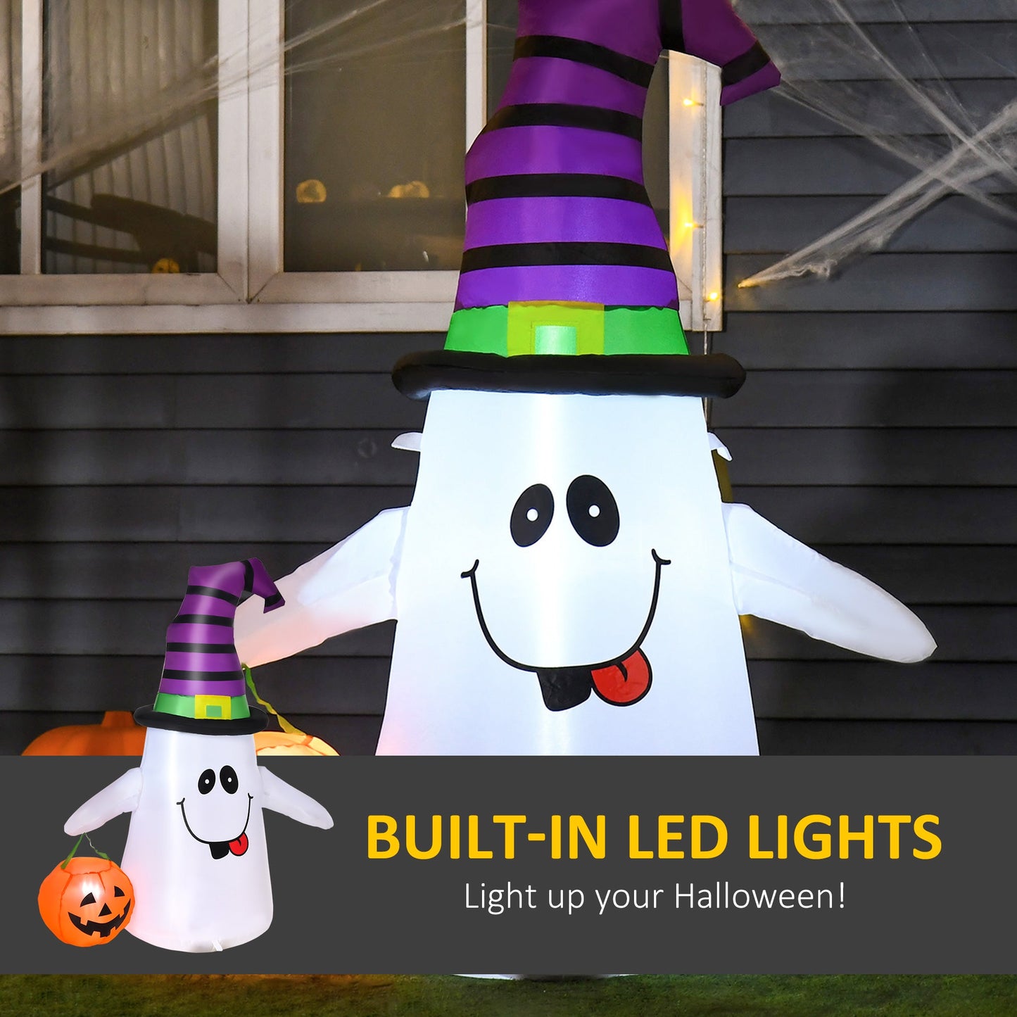ديكور قابل للنفخ على شكل شبح ساحرة من HOMCOM بطول 1.2 متر مع مروحة وأضواء LED وملحقات فانوس اليقطين للأطفال والكبار ومقاوم للطقس للاستخدام الداخلي والخارجي وموسمي