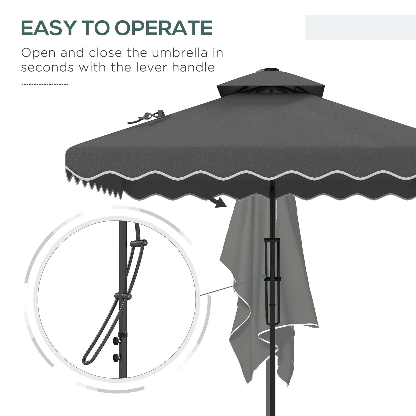 Outsunny 2.5m Square Double Top Garden Parasol Cantilever Umbrella with Ruffles, Dark Grey