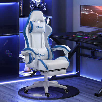 Racing Gaming Chair, Reclining PU Leather Computer Chair, 360 Degree Swivel Seat, Footrest, Removable Headrest and Lumber Support, White and Blue