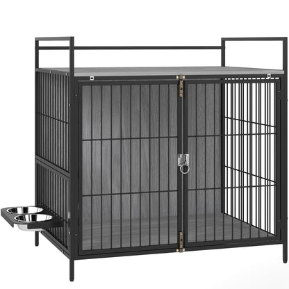 PawHut Dog Crate Furniture with Rotating Bowl Holder, 2 Bowls, 2 Doors, for Medium Dogs, 80 x 56 x 76.5 cm, Grey
