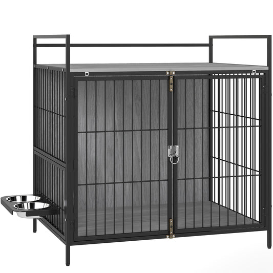 PawHut Dog Crate Furniture z obrotowym uchwytem na miski, 2 miski, 2 drzwi, dla średnich psów, 80 x 56 x 76,5 cm, szary