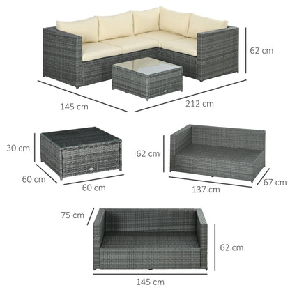 Zestaw mebli ogrodowych Outsunny z rattanu PE, 3 elementy, z poduszkami o grubości 10 cm, 4-osobowy zestaw narożny z szklanym stolikiem kawowym, meble ogrodowe na patio, werandę, beżowy