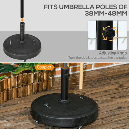 Outsunny 23.5kg Resin Garden Parasol Base with Wheels and Retractable Handles, Round Outdoor Market Umbrella Stand Weight for Poles of â38mm to â48mm, Black