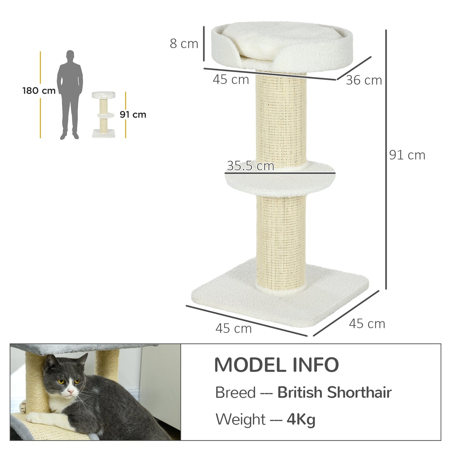 PawHut 2 Tier Sisal Sherpa Cat Tree with Basket Cushion Sisal Post Cream White