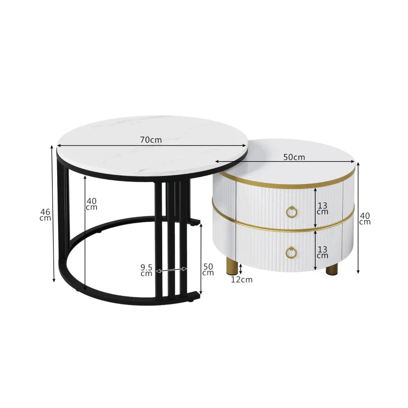 2-in-1 Round Marble Coffee Table Set with Glossy Tops, 2 Drawers, 70x70x46 + 50x50x40 cm, White