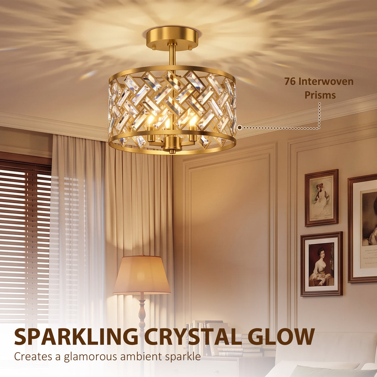 HOMCOM 3-Light Crystal Glass Ceiling Light, Modern Ceiling Lamp w/ 3 E14 Sockets for Living Room, Bulb Not Included, Gold Tone
