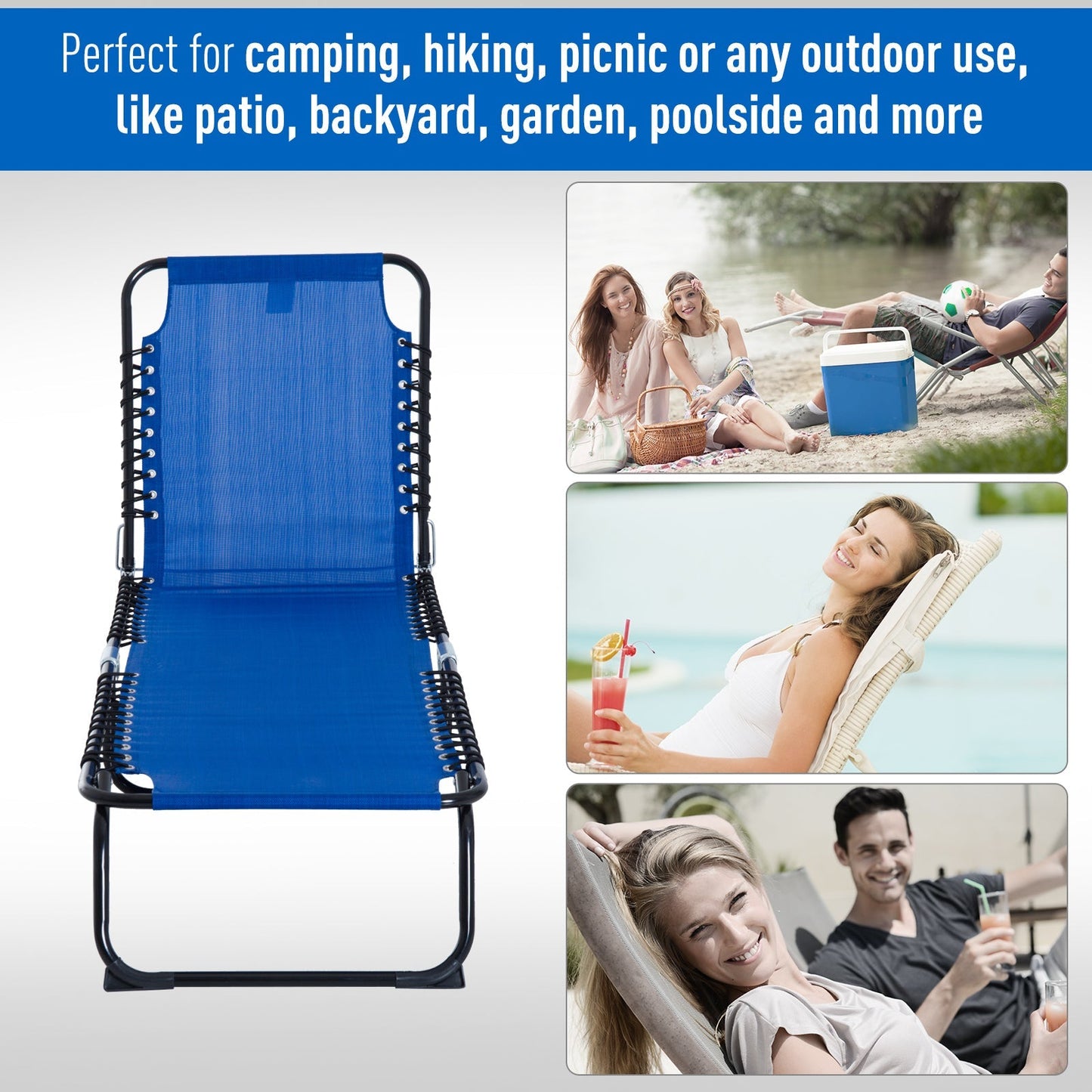 Outsunny Folding Sun Lounger Beach Chaise Chair Garden Reclining Cot Camping Hiking Recliner with 4 Position Adjustable Back - Blue