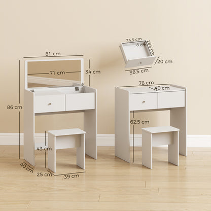 HOMCOM Vanity Desk with Mirror Dressing Table Drawer Set 6 Compartments Storage Stool White