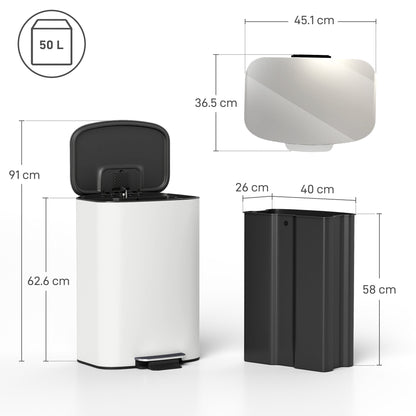 HOMCOM 50L Kitchen Bin with Soft-Close Lid and Stay-Open Function, Stainless Steel Pedal Bin with Removable Inner Bucket, Carry Handle for Kitchen, Office, Home, Cream