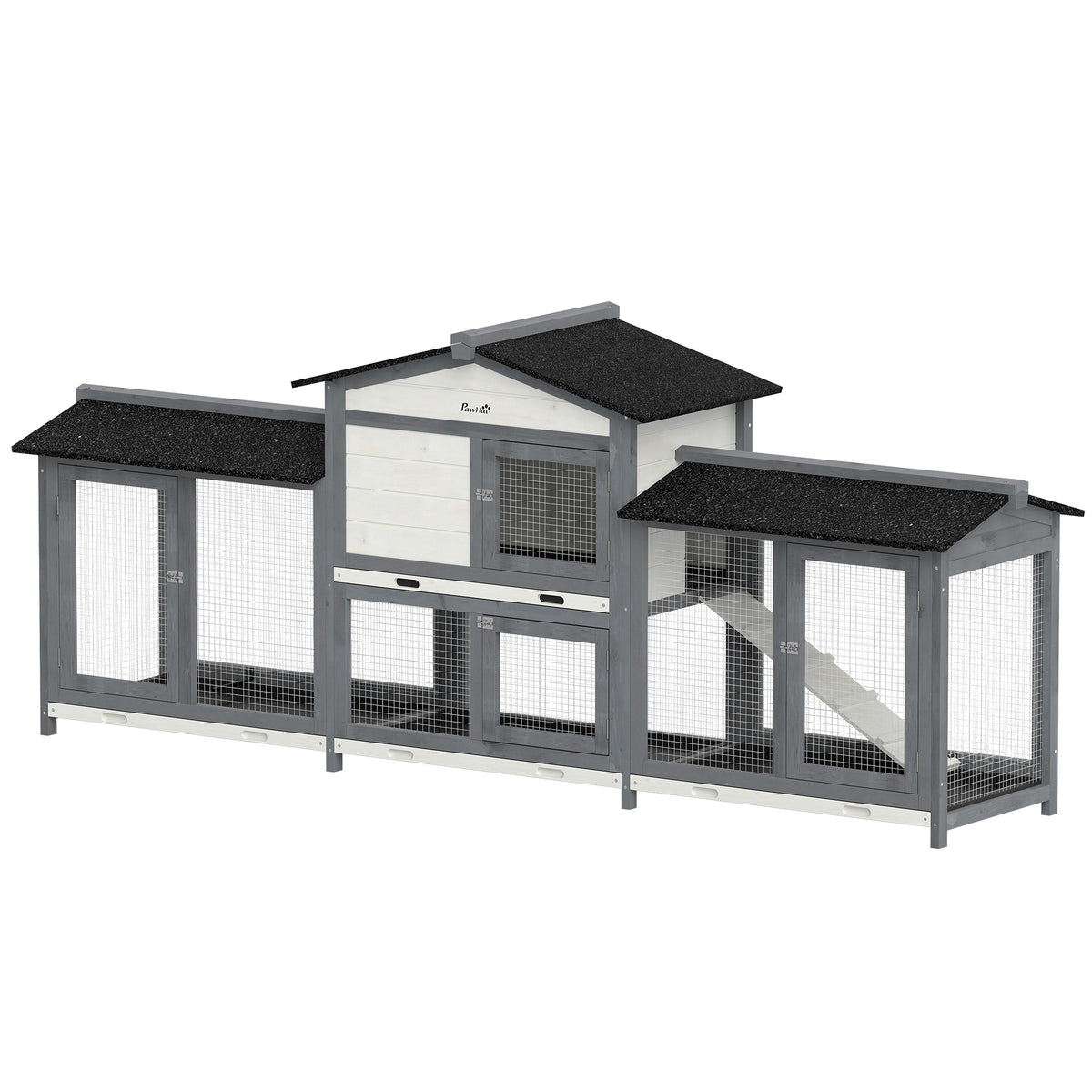 PawHut 2-Tier Large Rabbit Hutch Outdoor with Double Side Run Boxes, No-leak Plastic Tray, Ramp, 230 x 53 x 93.5cm, Light Grey