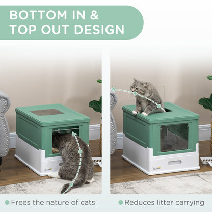 PawHut Hooded Cat Litter Box, Portable Pet Toilet, with Scoop, Front Entry - Green