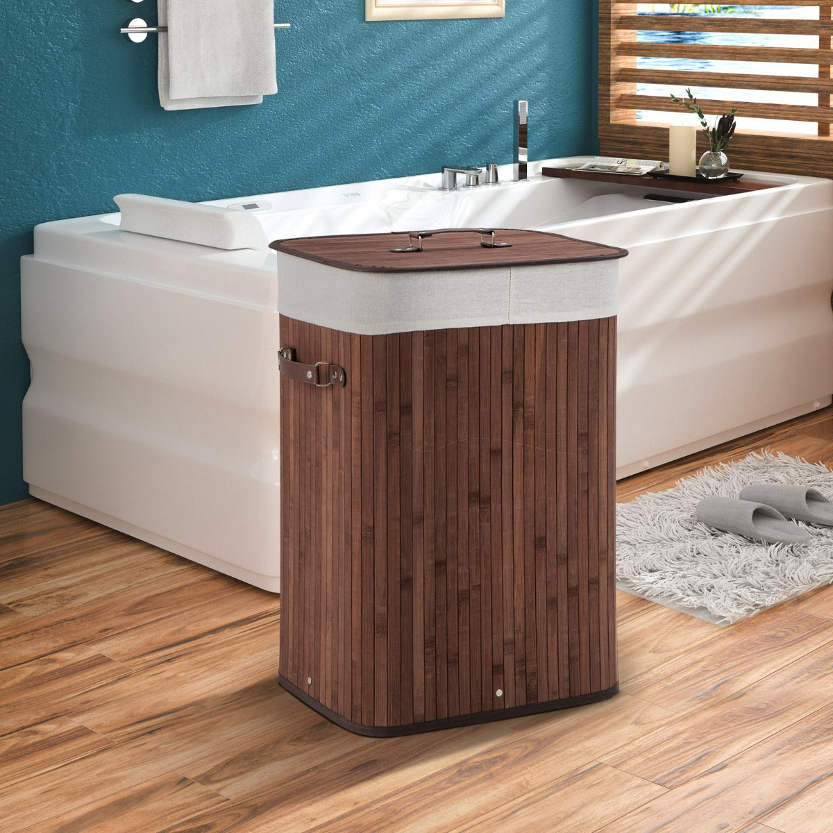 Rectangle Bamboo Hamper Laundry Basket Washing Cloth Bin Storage Bag Lid-Brown