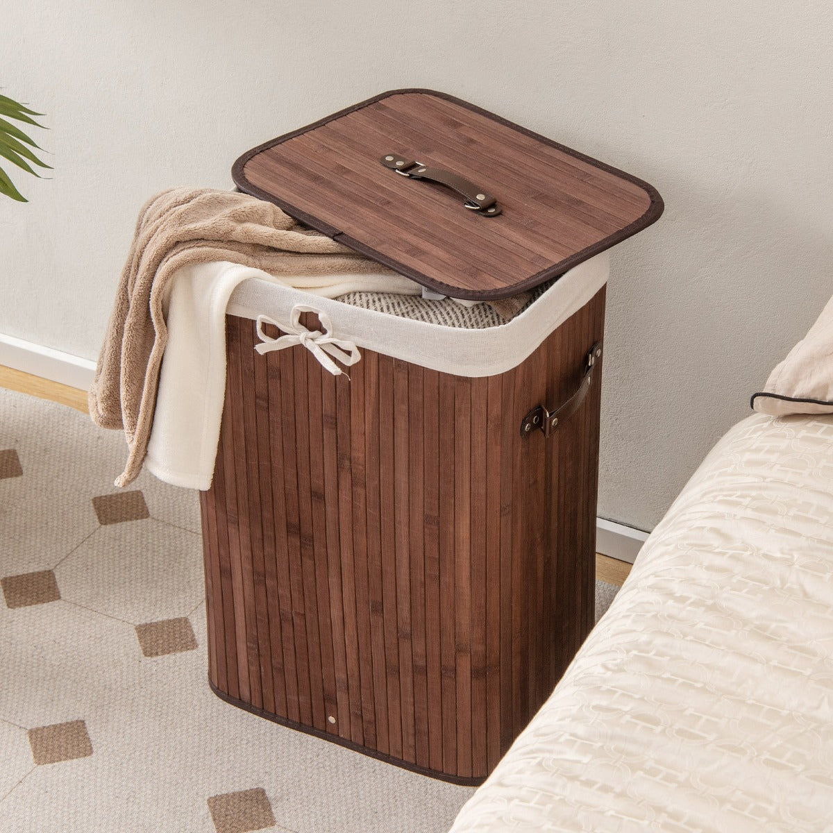 Rectangle Bamboo Hamper Laundry Basket Washing Cloth Bin Storage Bag Lid-Brown