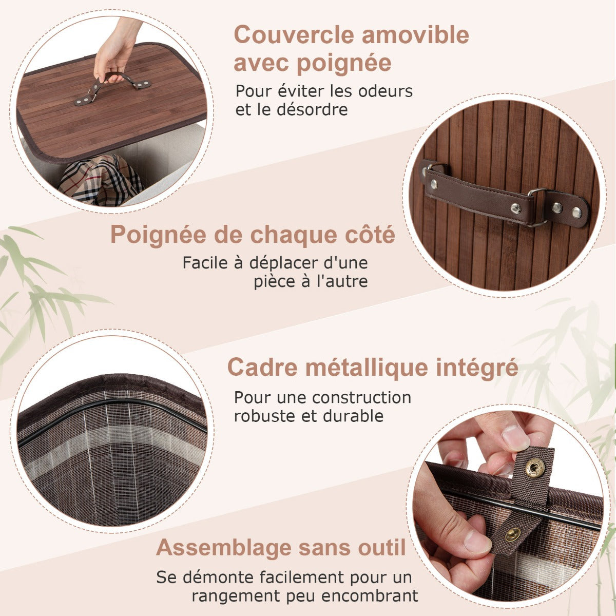 Rectangle Bamboo Hamper Laundry Basket Washing Cloth Bin Storage Bag Lid-Brown