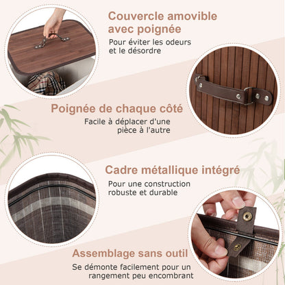 Rectangle Bamboo Hamper Laundry Basket Washing Cloth Bin Storage Bag Lid-Brown
