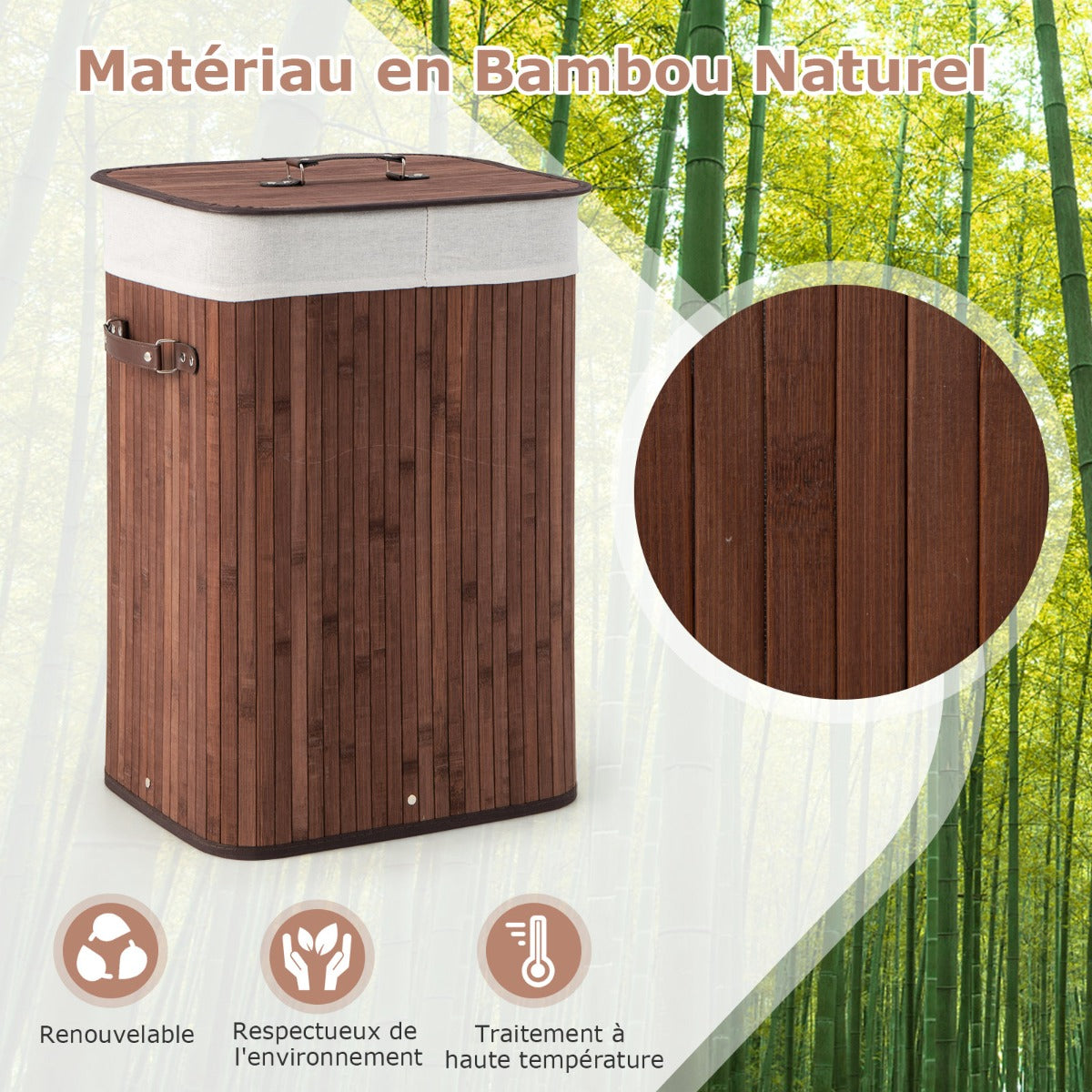 Rectangle Bamboo Hamper Laundry Basket Washing Cloth Bin Storage Bag Lid-Brown
