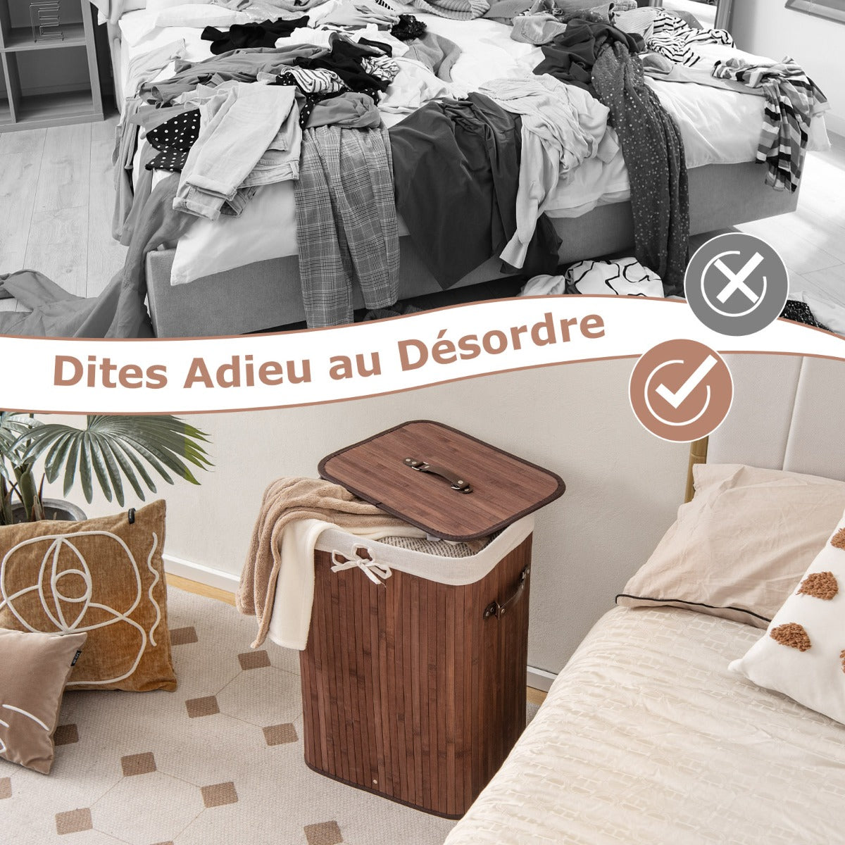Rectangle Bamboo Hamper Laundry Basket Washing Cloth Bin Storage Bag Lid-Brown