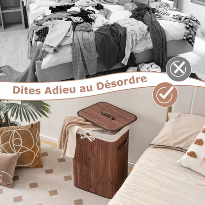 Rectangle Bamboo Hamper Laundry Basket Washing Cloth Bin Storage Bag Lid-Brown