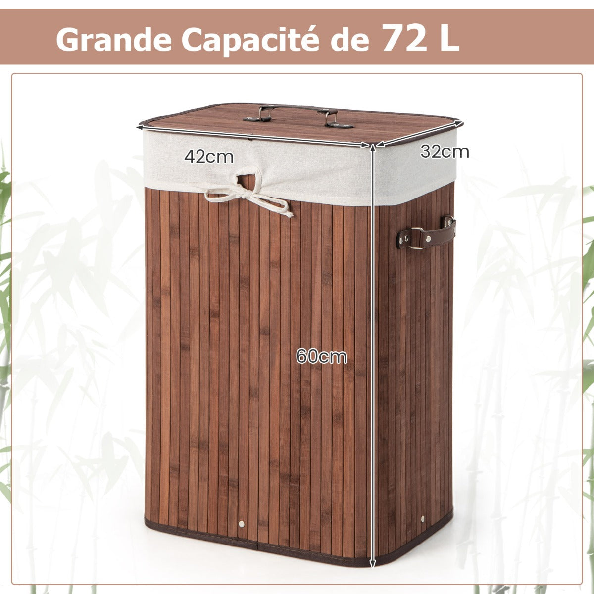 Rectangle Bamboo Hamper Laundry Basket Washing Cloth Bin Storage Bag Lid-Brown