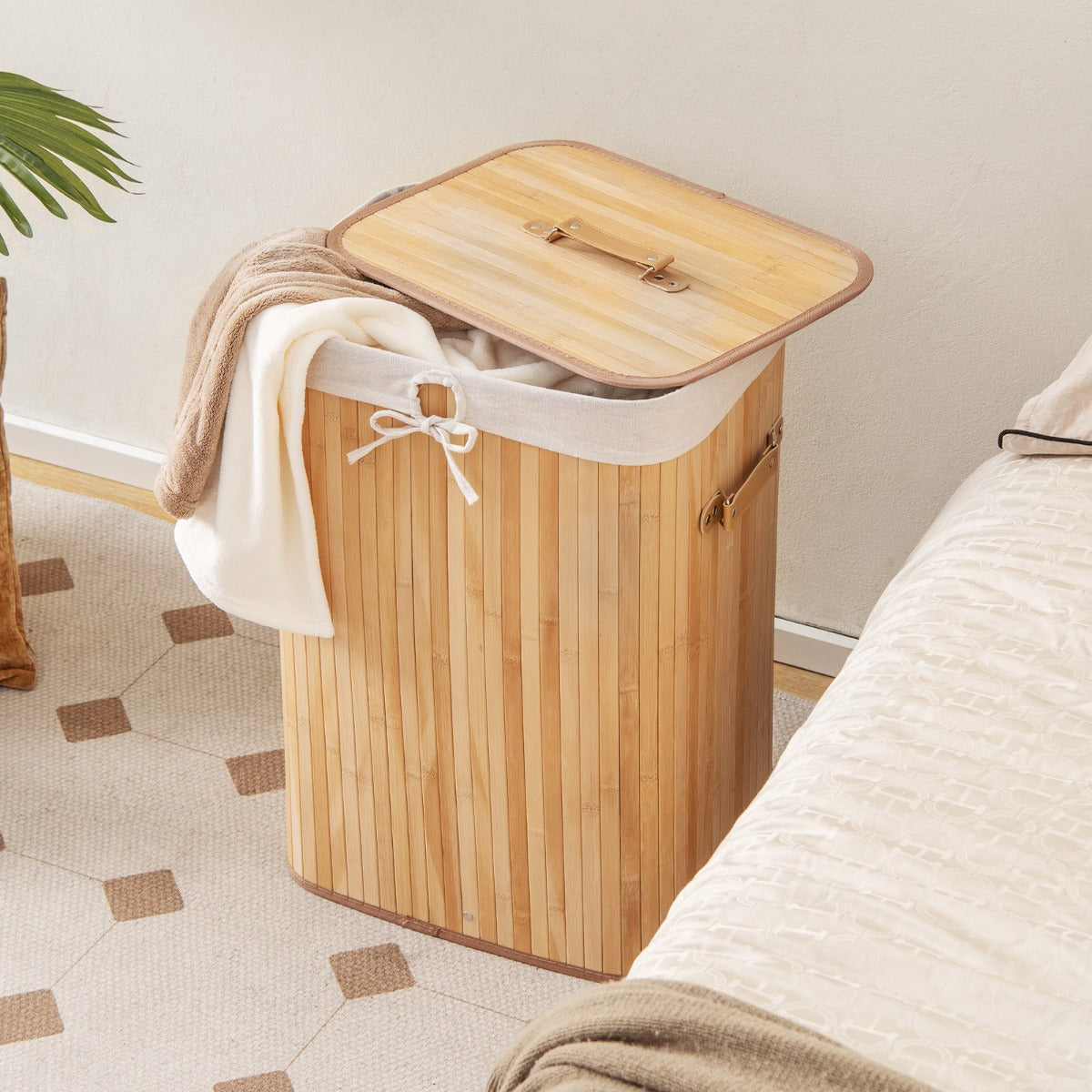 Rectangle Bamboo Hamper Laundry Basket Washing Cloth Bin Storage Bag Lid-Natural