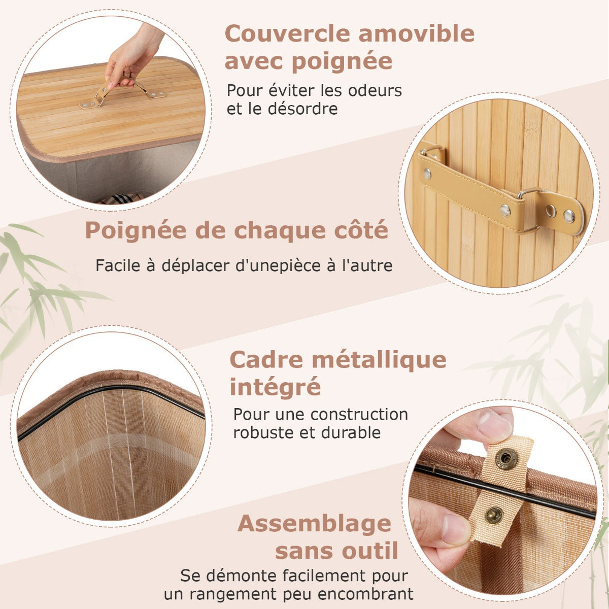 Rectangle Bamboo Hamper Laundry Basket Washing Cloth Bin Storage Bag Lid-Natural