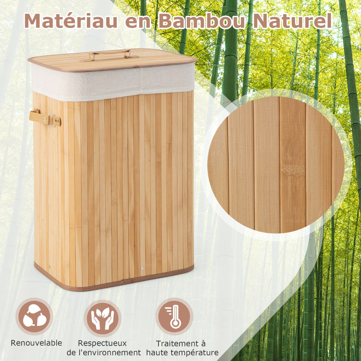Rectangle Bamboo Hamper Laundry Basket Washing Cloth Bin Storage Bag Lid-Natural