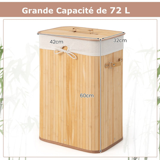 Rectangle Bamboo Hamper Laundry Basket Washing Cloth Bin Storage Bag Lid-Natural