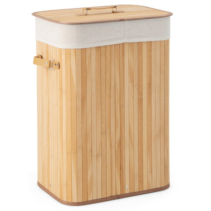Rectangle Bamboo Hamper Laundry Basket Washing Cloth Bin Storage Bag Lid-Natural